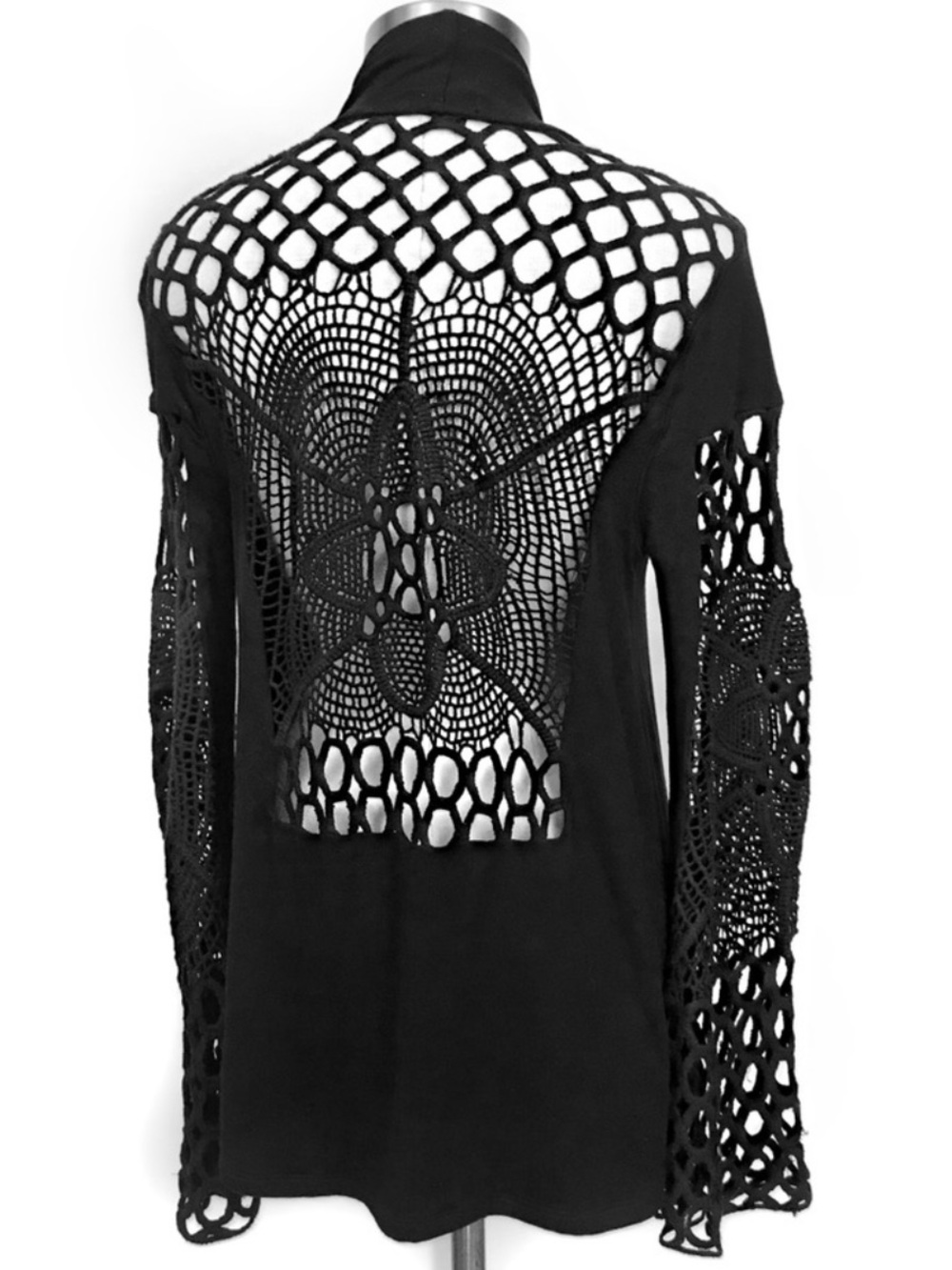 SKY Women Black Crochet Embroidered Open Asymmetrical Cardigan-Small-Made in USA - Picture 3 of 3